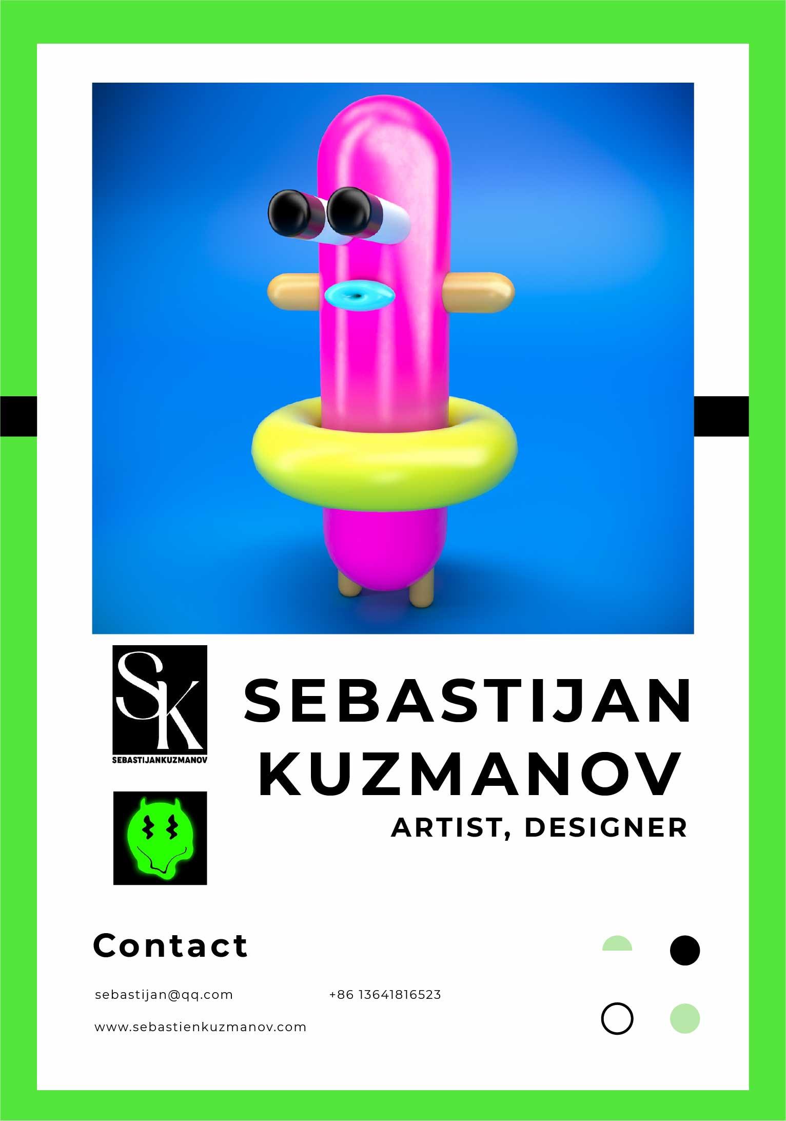 Portfolio cover with Sebastijan Kuzmanov identity and 3D character
